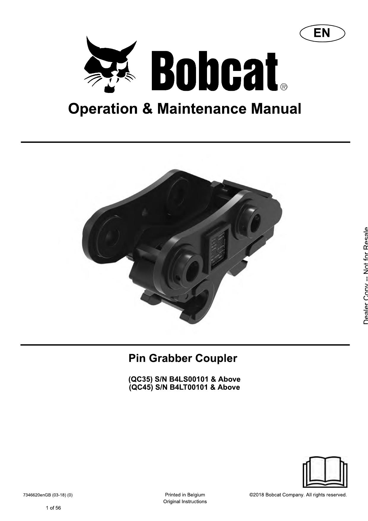 Pin Grabber Coupler Attachment Operation & Maintenance Manual Bobcat